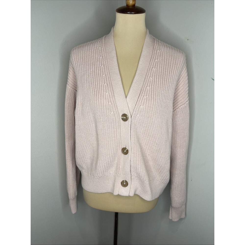 Quince Sweater Cardigan Womens M Pink 100% Organic Cotton V Neck Chunky Knit
